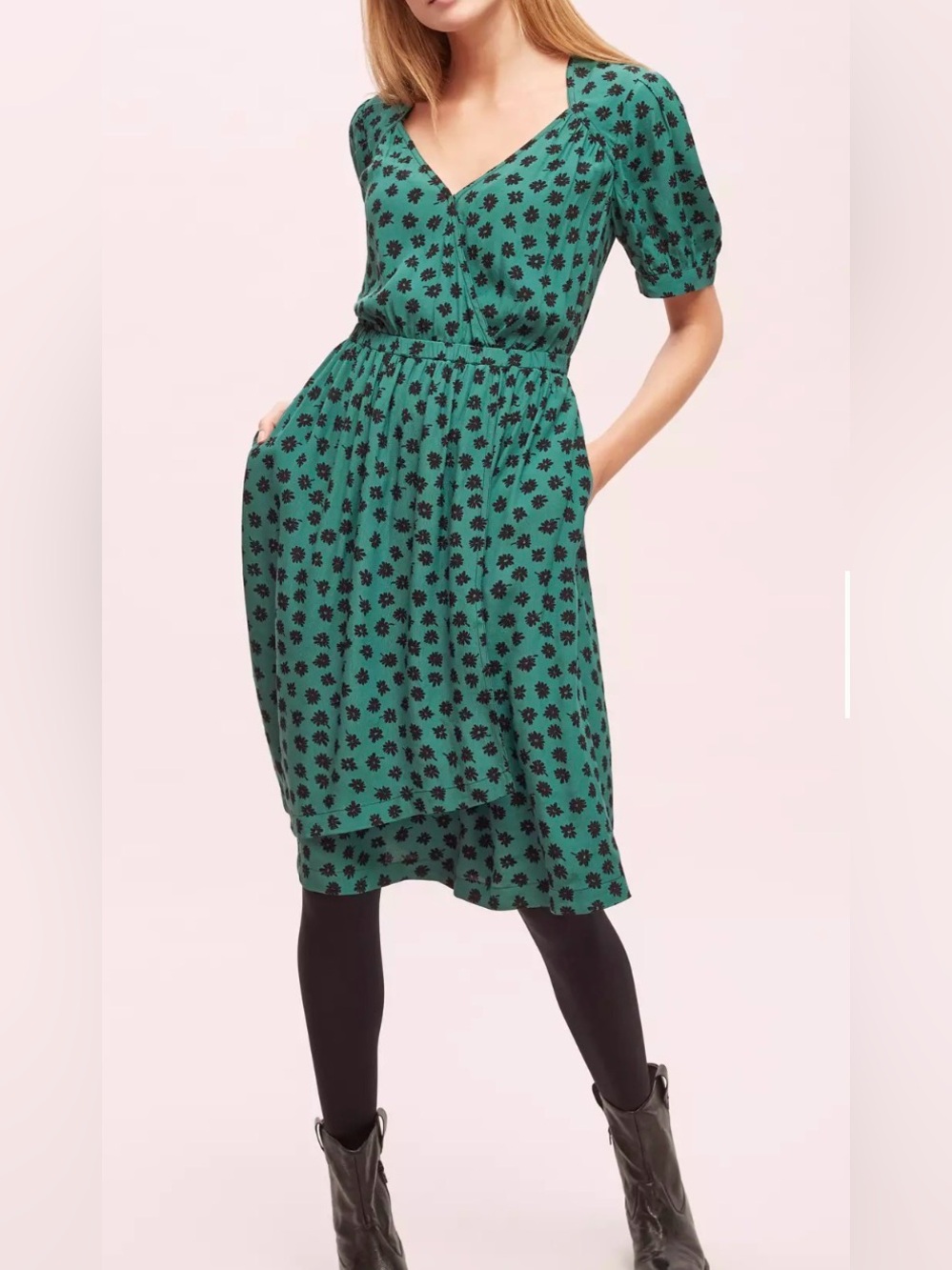 Anthropologie Maeve Green Midi Dress with Black Floral Print Sz 4